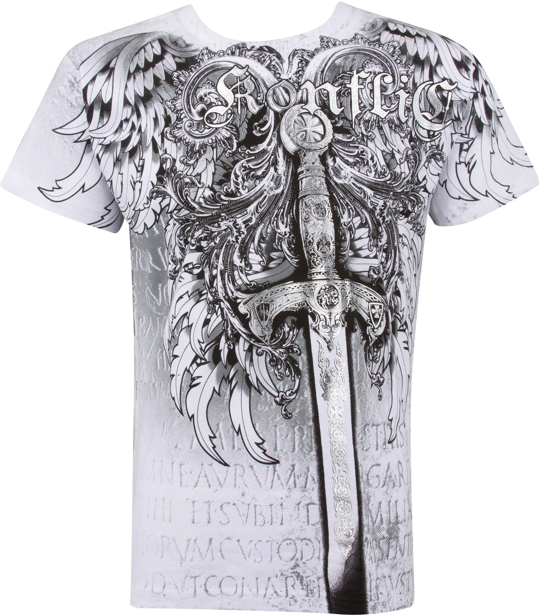 Sword Metallic Silver Embossed Short Sleeve Crew Neck Cotton Mens Fashion T-Shirt