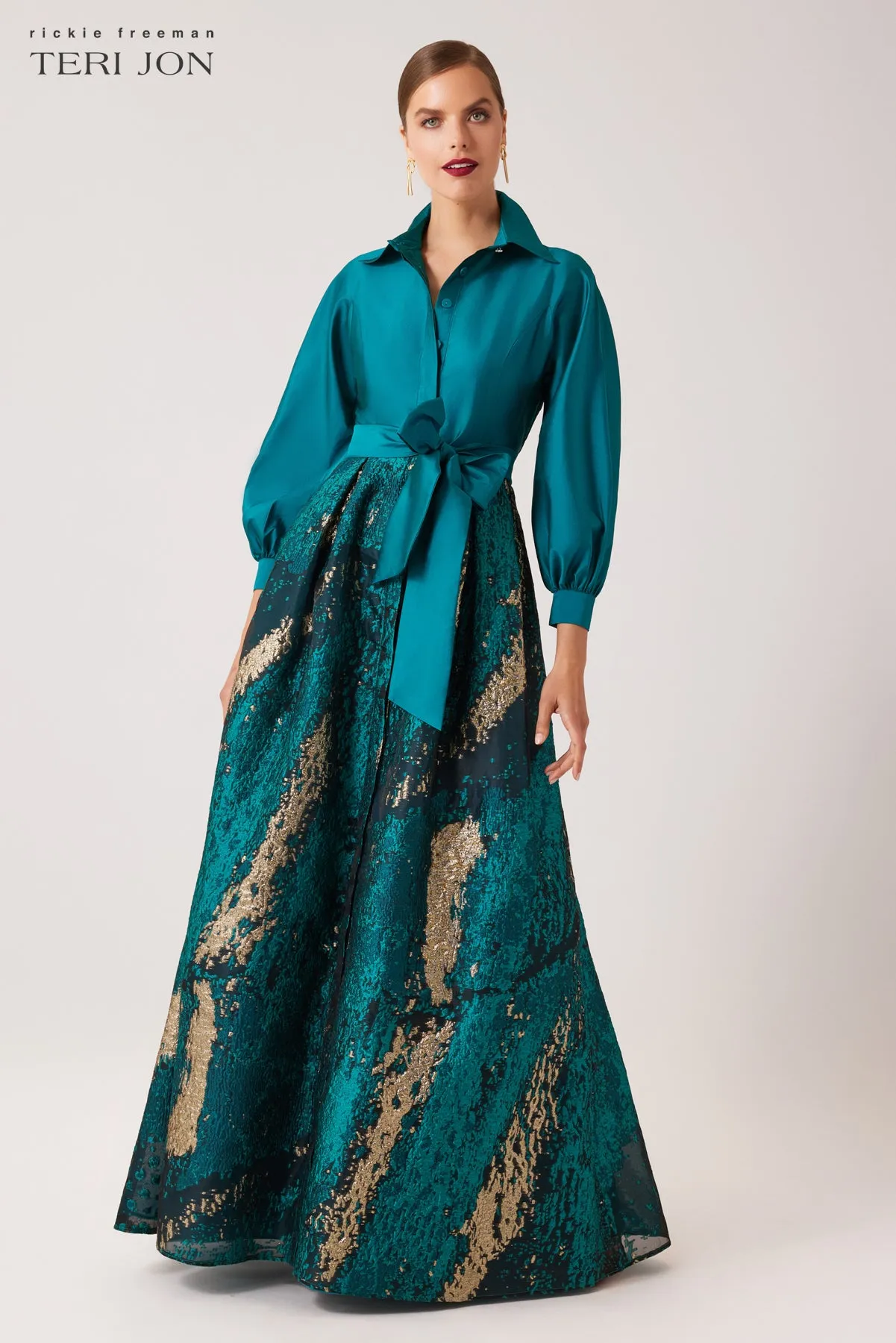 Taffeta and Metallic Jacquard Shirt Waist Gown