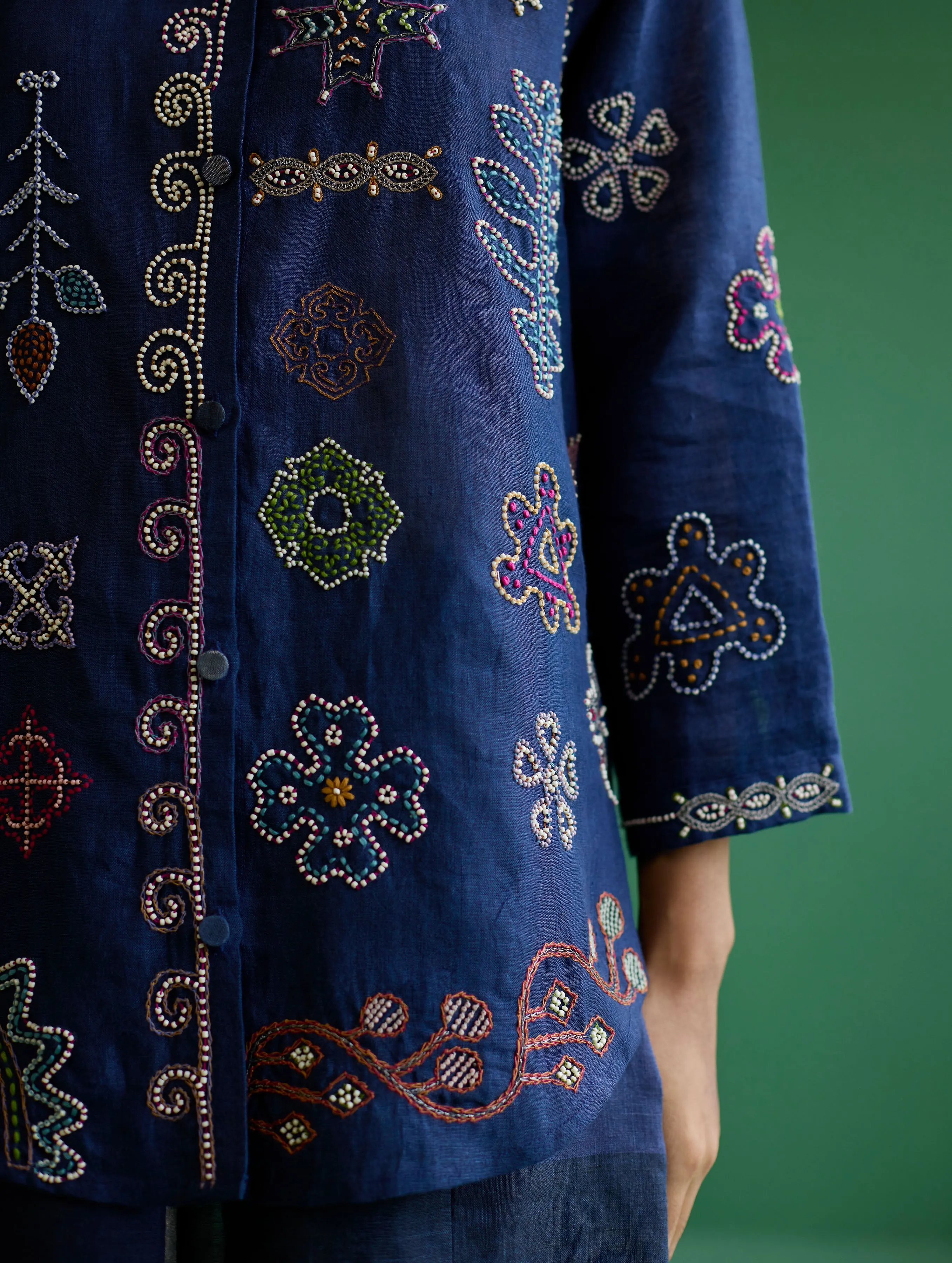 Tansa Hand-Embroidered Metallic Linen Shirt - Navy