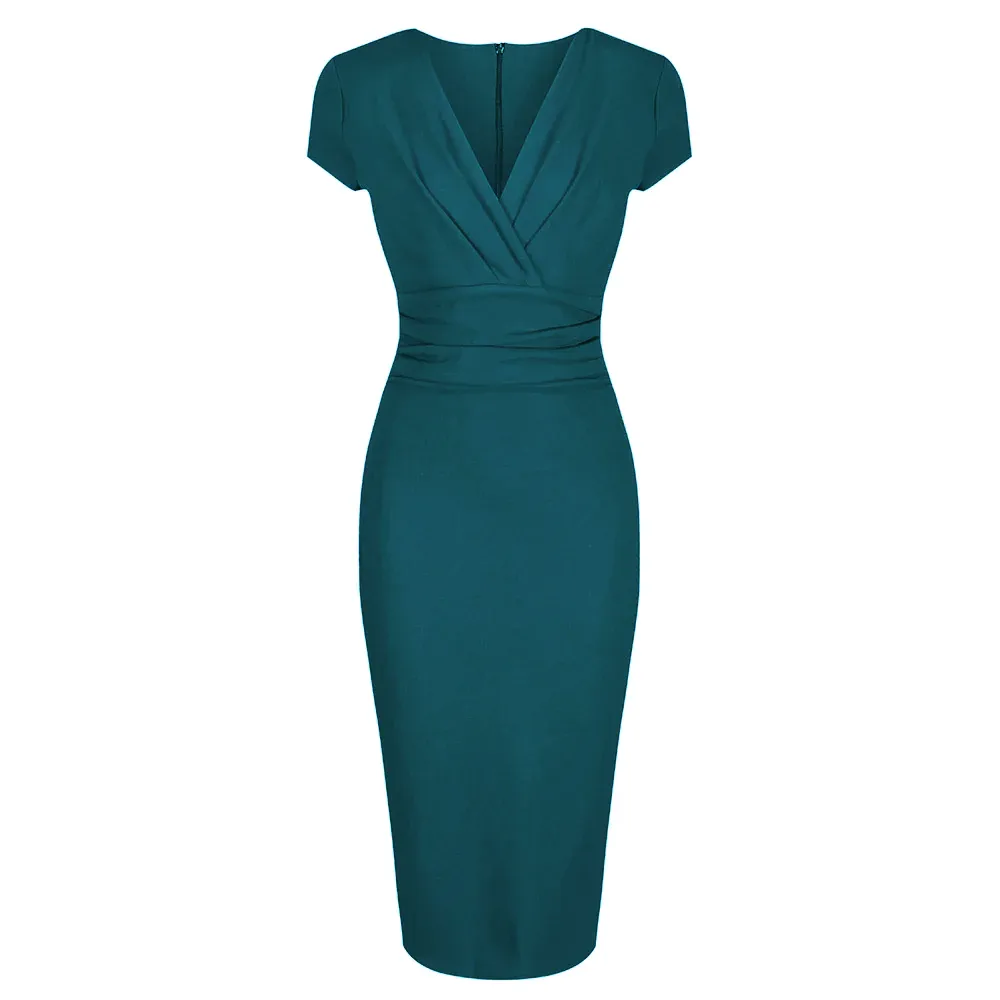 Teal Blue Green Deep V Neck Cap Sleeve Ruched Waist Bodycon Wiggle Dress