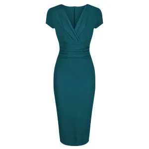 Teal Blue Green Deep V Neck Cap Sleeve Ruched Waist Bodycon Wiggle Dress