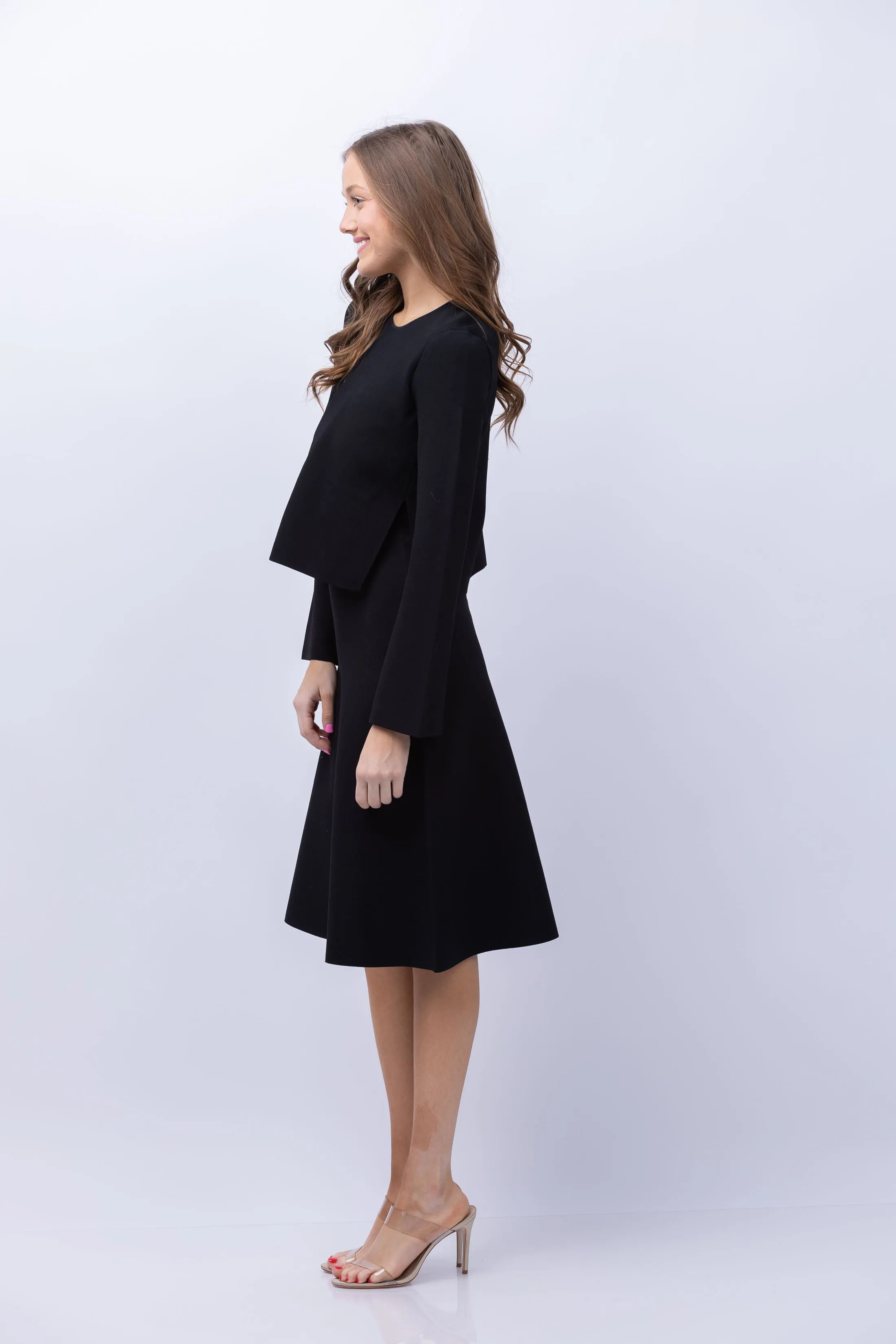 Theory Layered Trumpet Dress in Crepe Knit Black