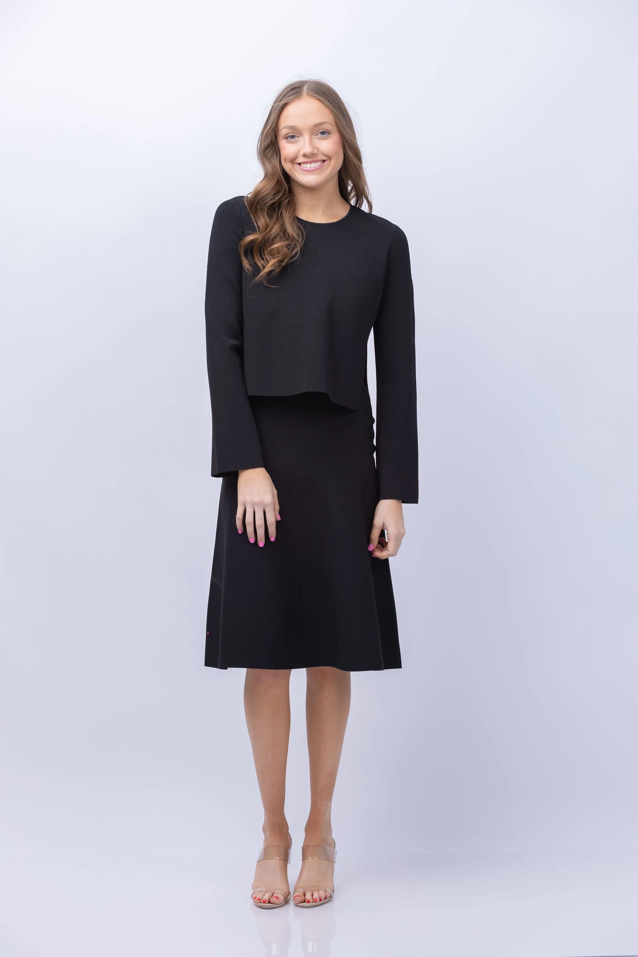 Theory Layered Trumpet Dress in Crepe Knit Black