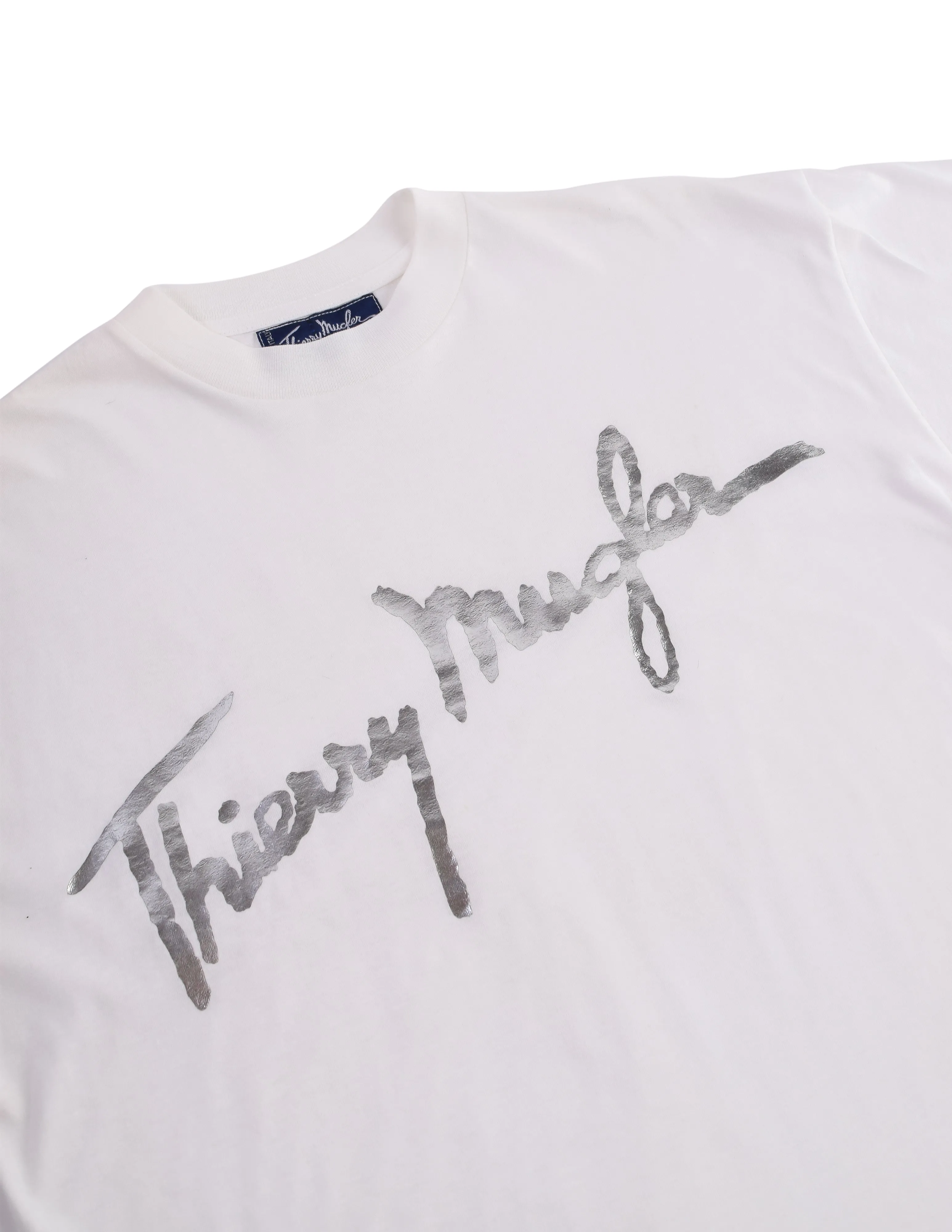 Thierry Mugler Vintage Metallic Silver Namesake Signature White T-Shirt