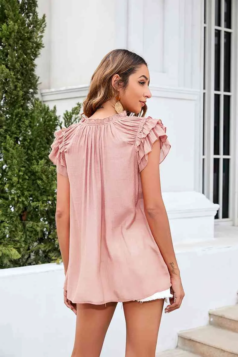 Tie Neck Ruffle Trim Blouse