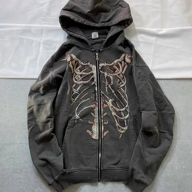 Toleet-Winter and Autumn Outfits Christmas/Thanksgiving_Gothic Punk Skeleton Print Hoody Jacket