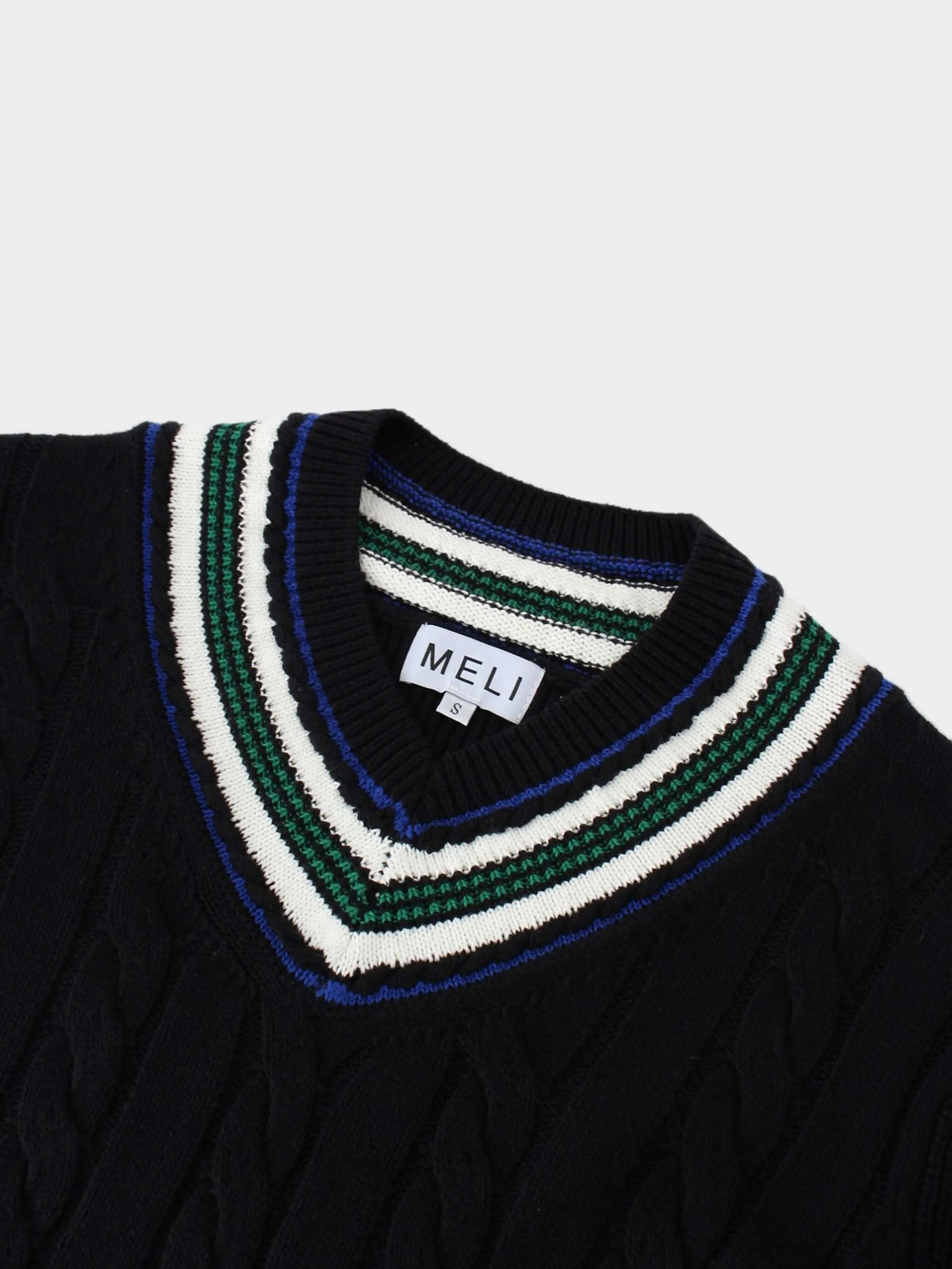 V-Neck Cable Sweater-Black/Green