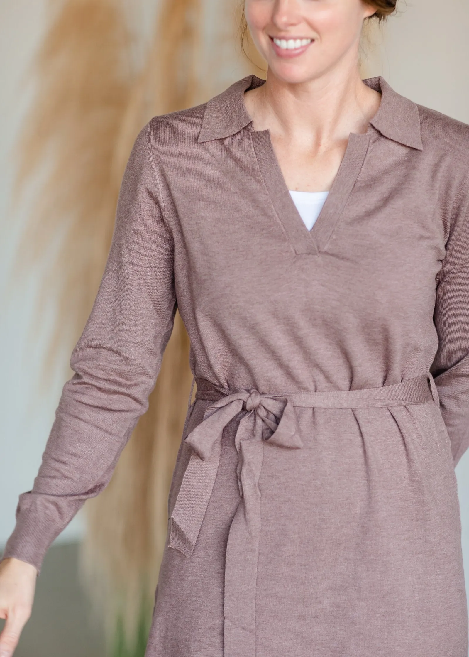 V-Neck Collar Tie Waist Long Sleeve Midi Sweater Dress