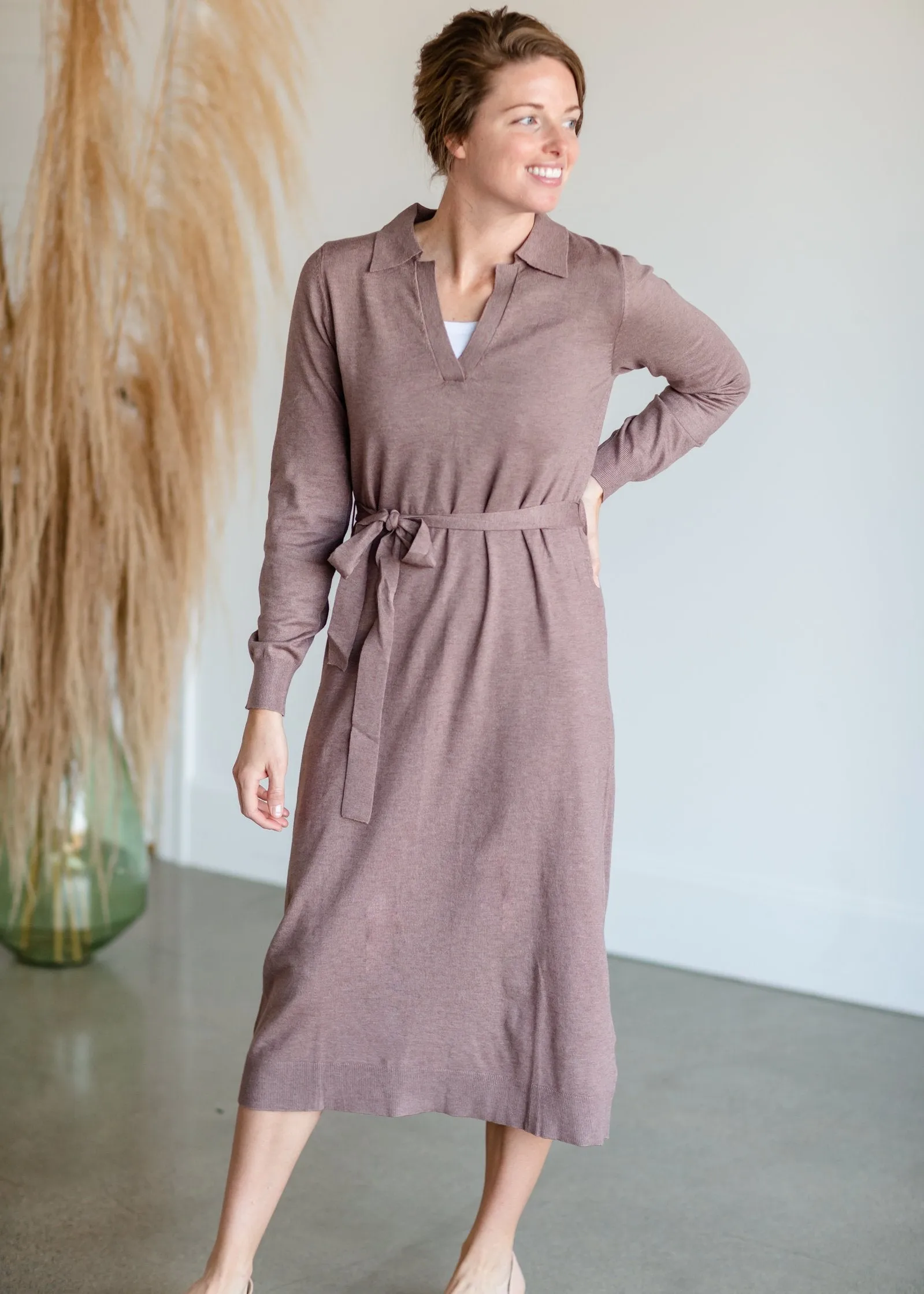 V-Neck Collar Tie Waist Long Sleeve Midi Sweater Dress