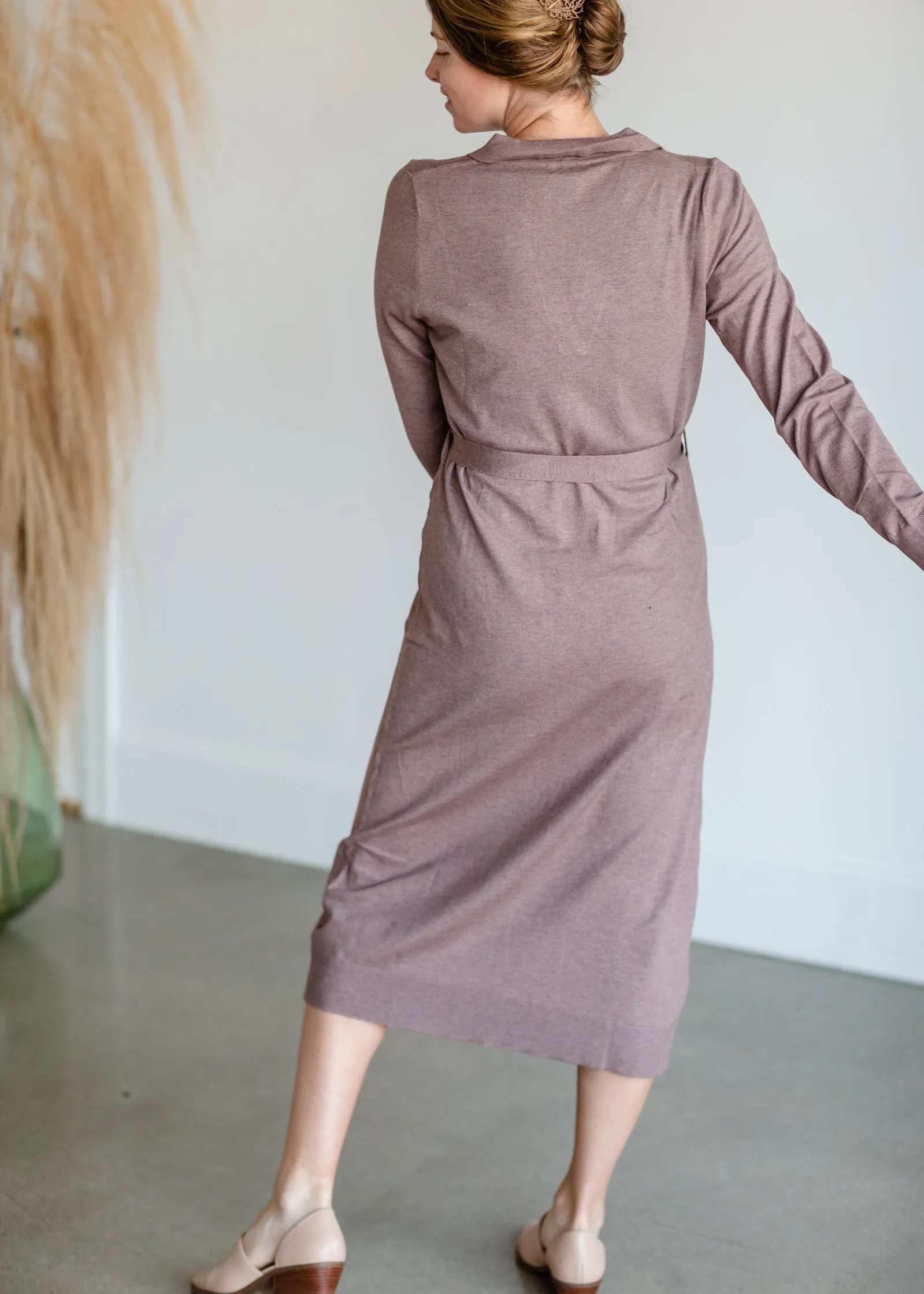 V-Neck Collar Tie Waist Long Sleeve Midi Sweater Dress