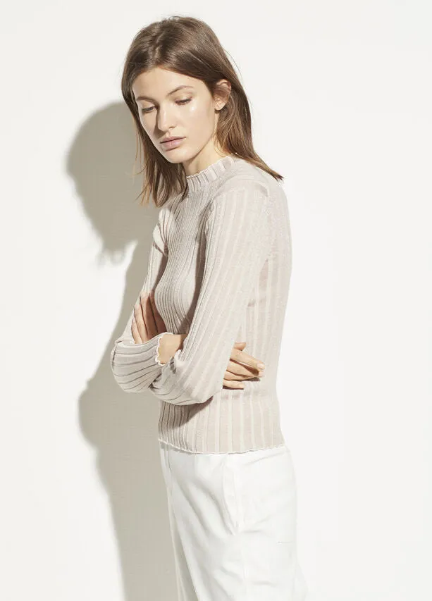 VINCE - Ribbed Mock Neck Pullover Shirt in Chiffon