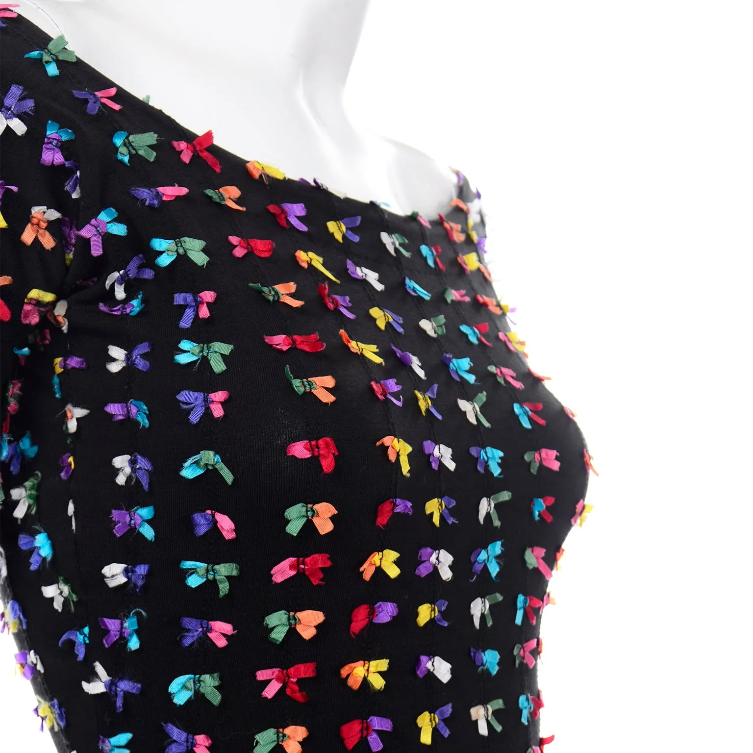 Vintage Betsey Johnson Black Stretch Punk Label Mini Dress W Rainbow Bows