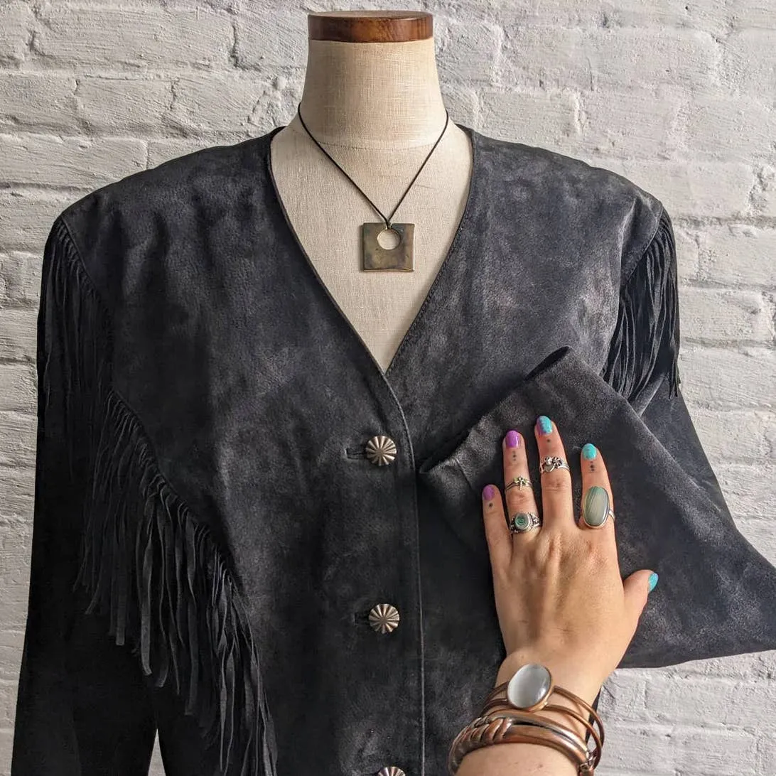 Vintage Black Suede Leather Fringe Cowboy Jacket Western Genuine Leather Coat