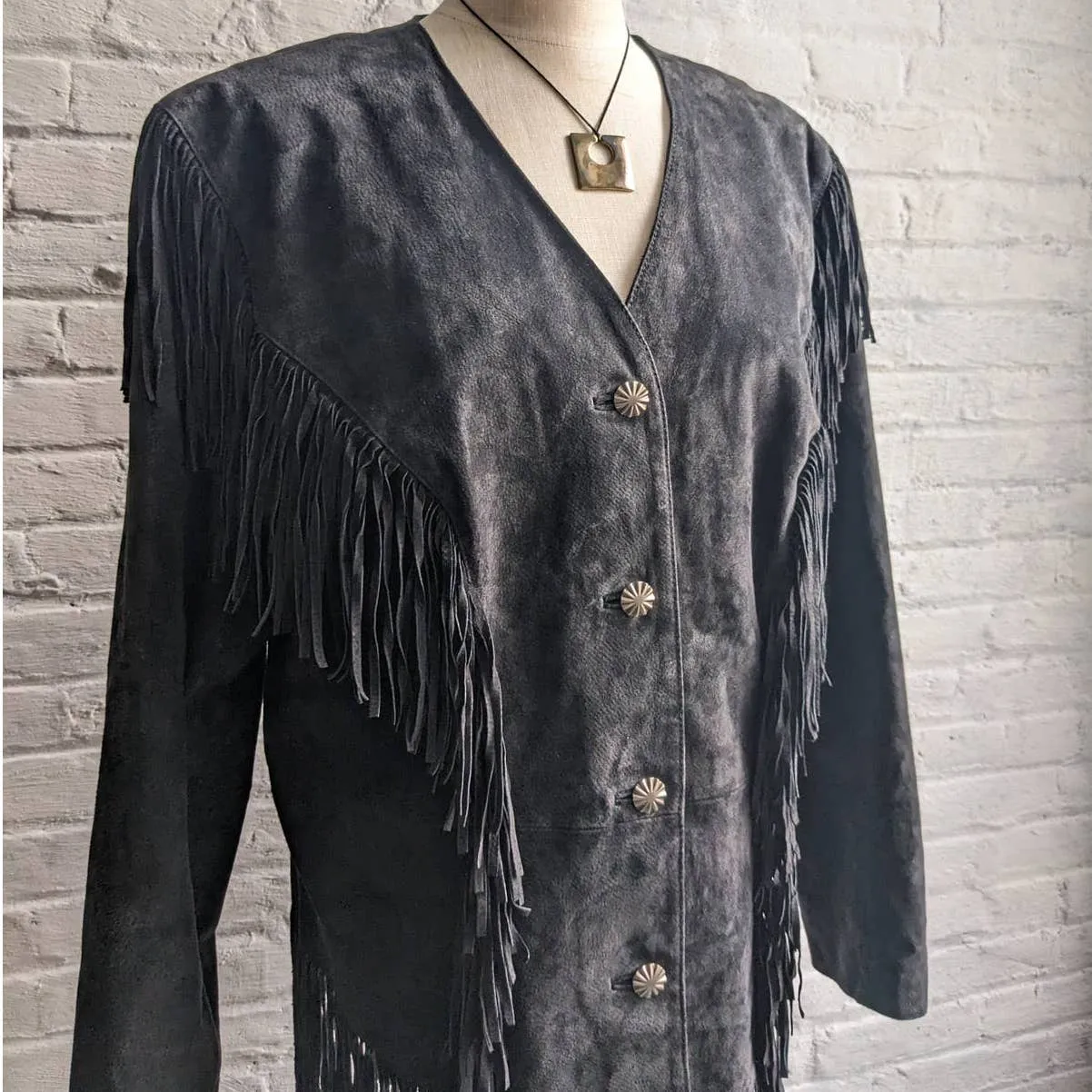 Vintage Black Suede Leather Fringe Cowboy Jacket Western Genuine Leather Coat