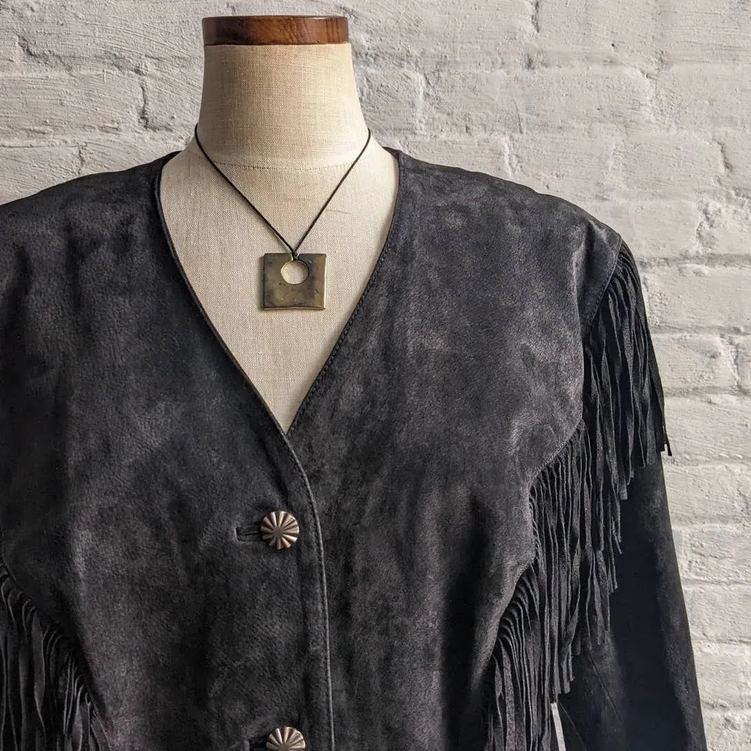 Vintage Black Suede Leather Fringe Cowboy Jacket Western Genuine Leather Coat