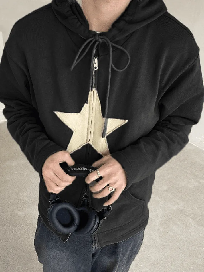 Vintage Star Patch Baggy Zip Up Hoodie