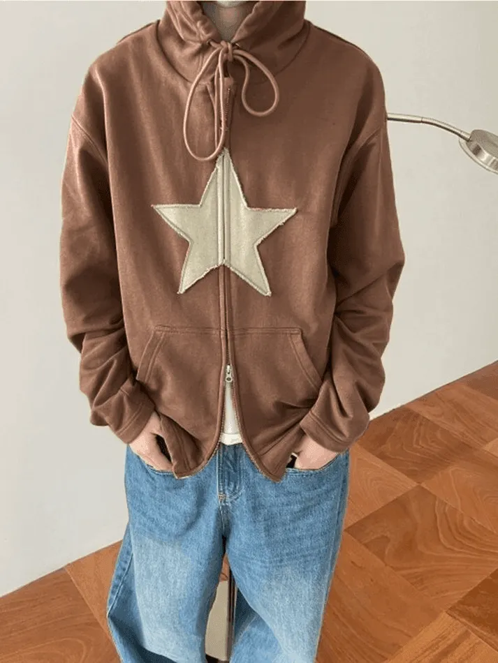 Vintage Star Patch Baggy Zip Up Hoodie