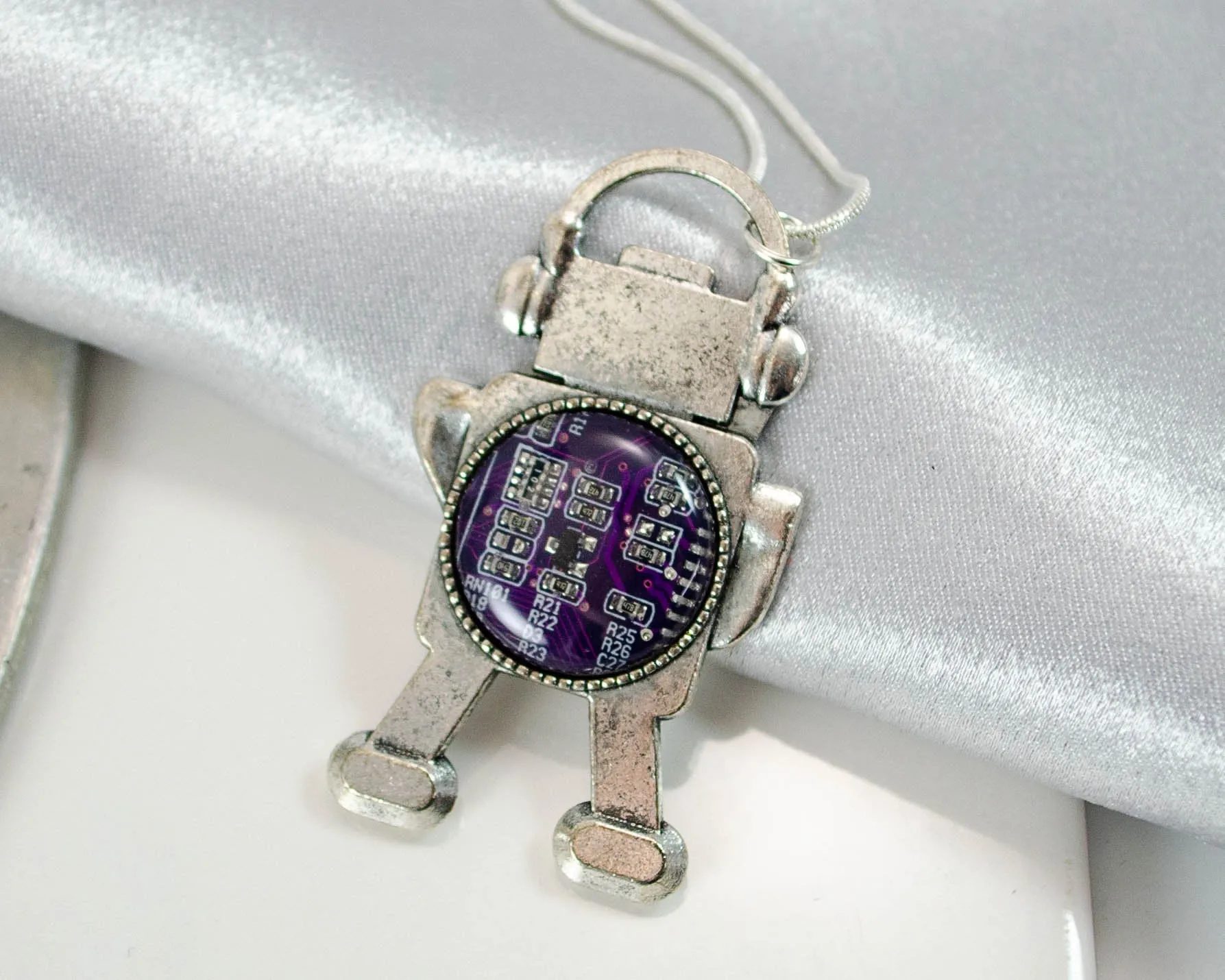 Violet Circuit Board Robot Necklace, Robotics Jewelry, Robot Engineering Gift, Cyber Punk Gift