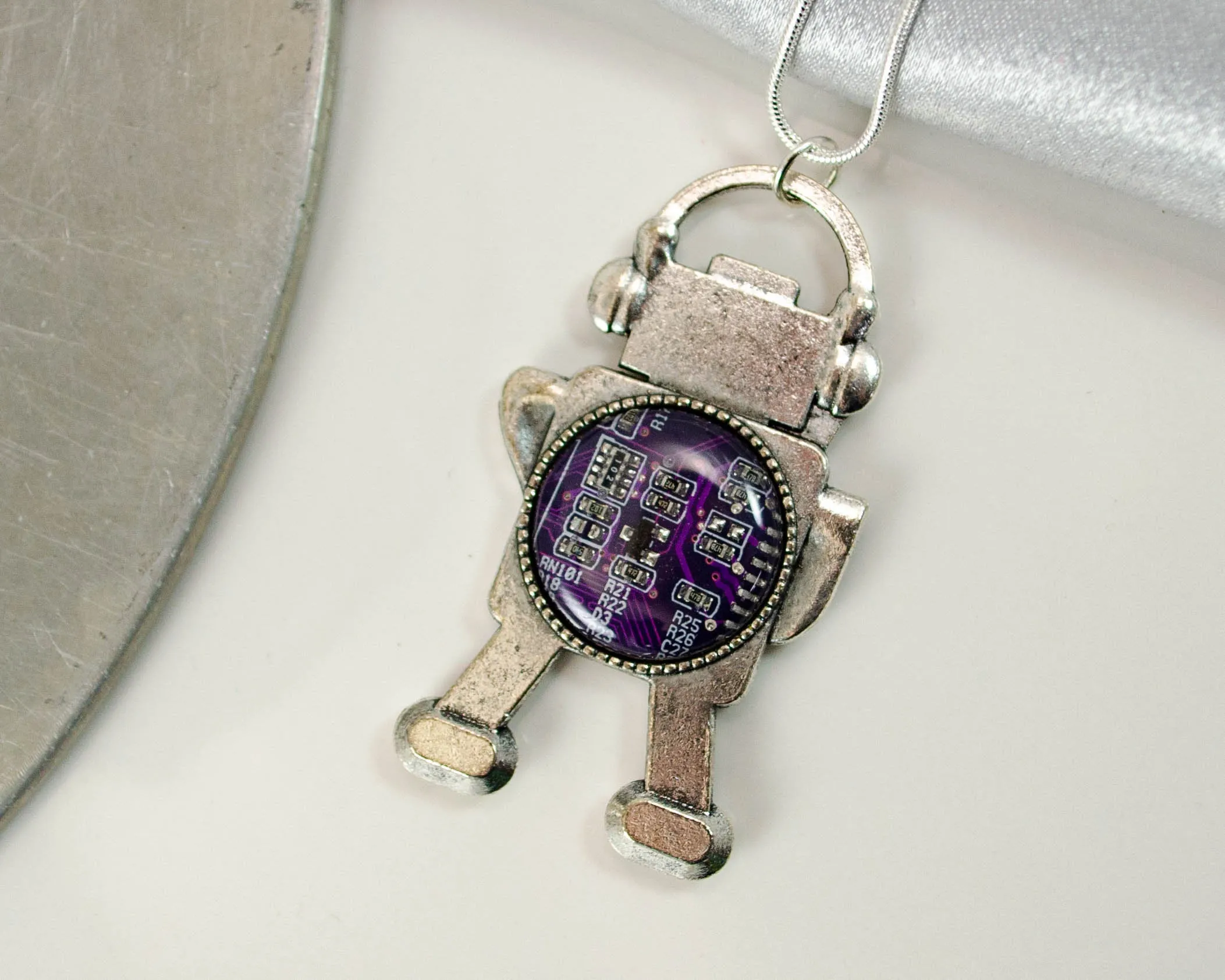 Violet Circuit Board Robot Necklace, Robotics Jewelry, Robot Engineering Gift, Cyber Punk Gift