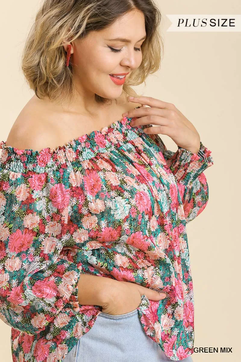 Voluptuous ( ) Plus Size Sheer Floral Print Metallic Threading Long Sleeve Off Shoulder Top With High Low Hem - Ships from The USA