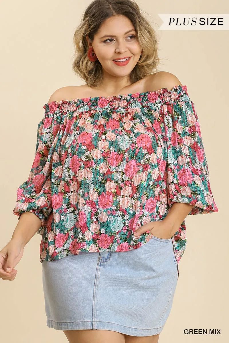 Voluptuous ( ) Plus Size Sheer Floral Print Metallic Threading Long Sleeve Off Shoulder Top With High Low Hem - Ships from The USA