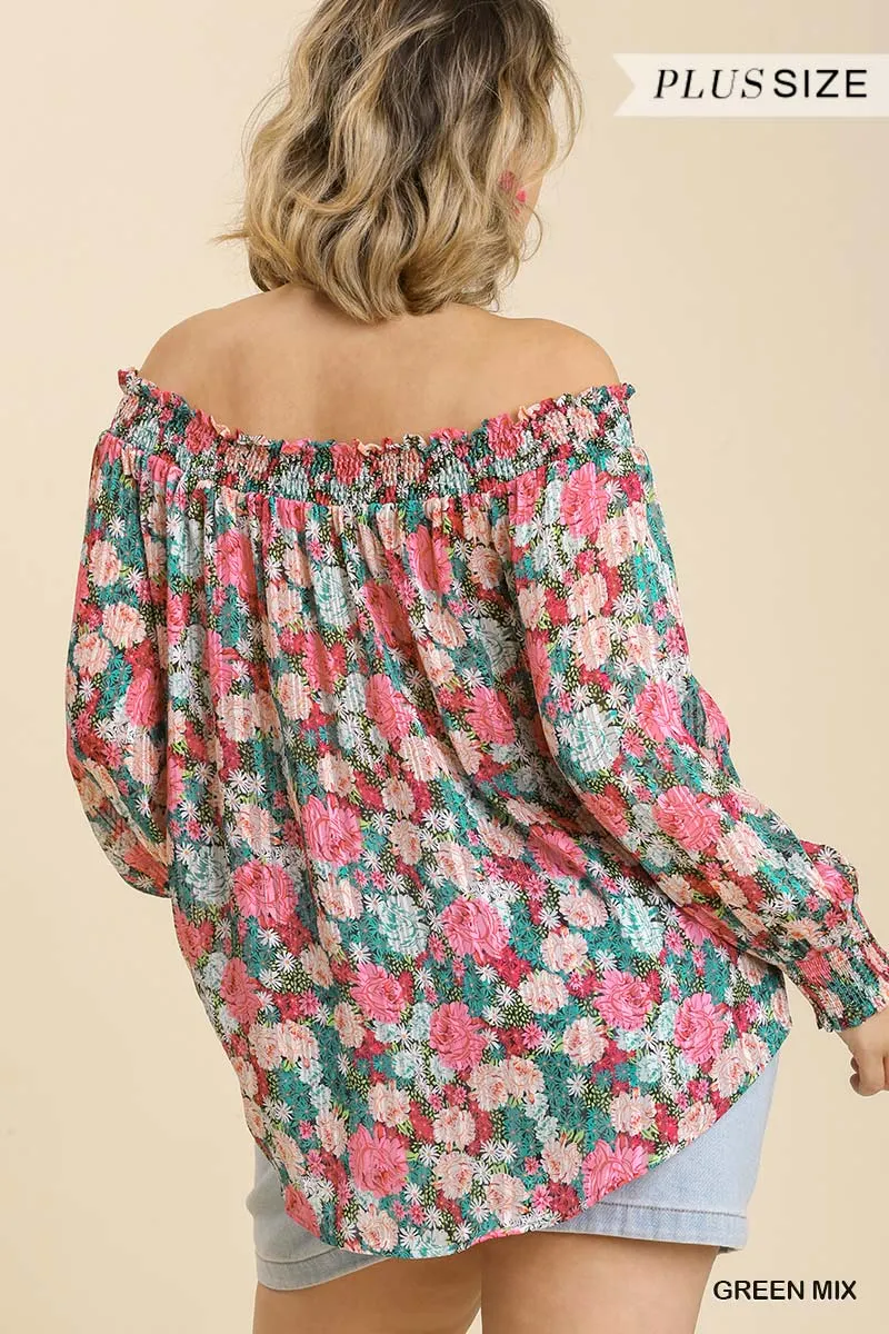 Voluptuous ( ) Plus Size Sheer Floral Print Metallic Threading Long Sleeve Off Shoulder Top With High Low Hem - Ships from The USA