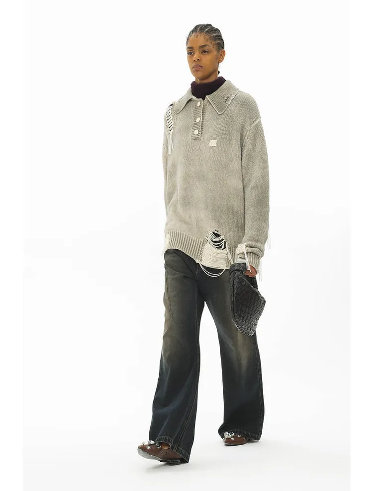 Washed and dyed distressed tassel perforated POLO collar knit sweater