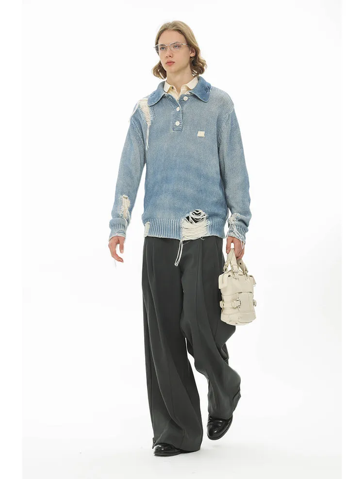 Washed and dyed distressed tassel perforated POLO collar knit sweater