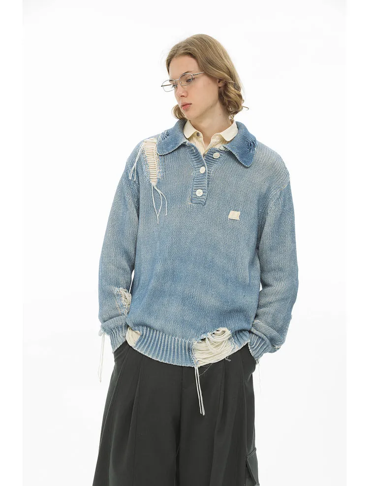 Washed and dyed distressed tassel perforated POLO collar knit sweater