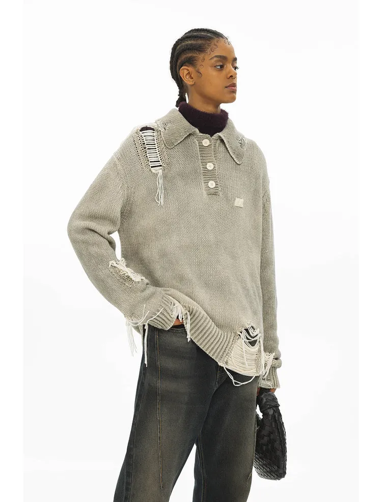 Washed and dyed distressed tassel perforated POLO collar knit sweater