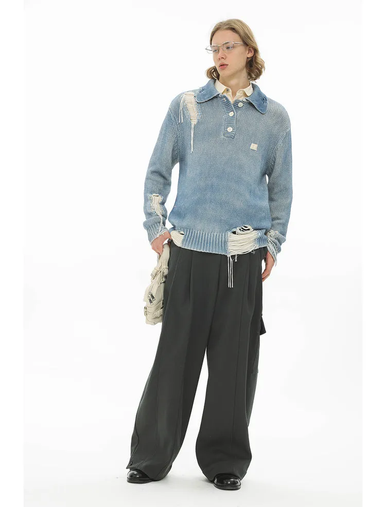 Washed and dyed distressed tassel perforated POLO collar knit sweater