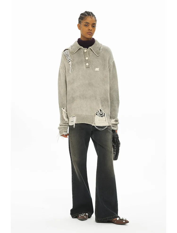 Washed and dyed distressed tassel perforated POLO collar knit sweater