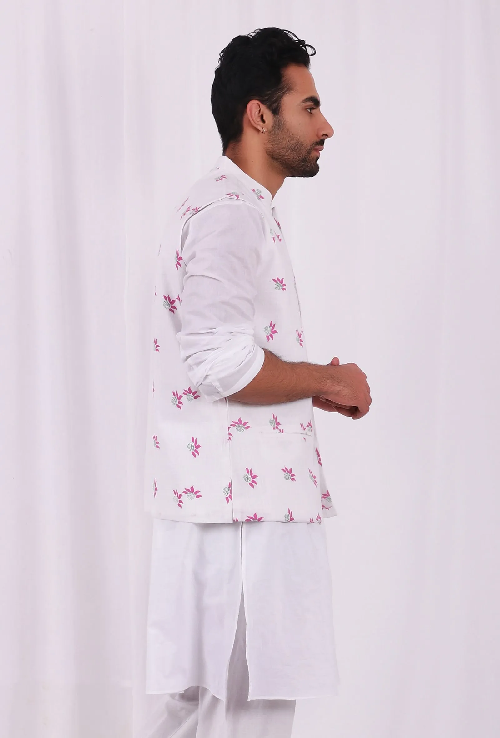 White and Pink Floral Hand Block Nehru Jacket