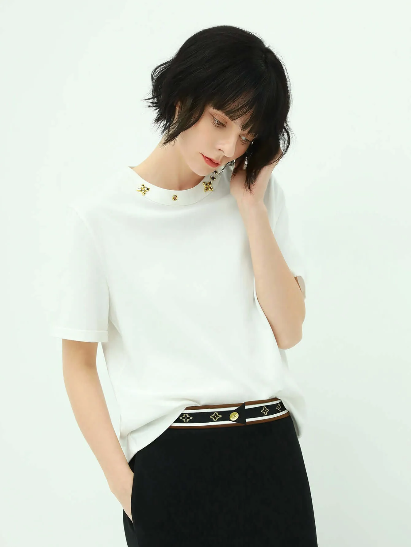 White Short Sleeve Tee with Embellished Detail