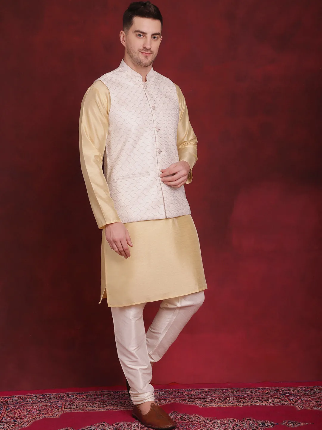 White Woven Design Nehru Jacket With Kurta Pyjama Set