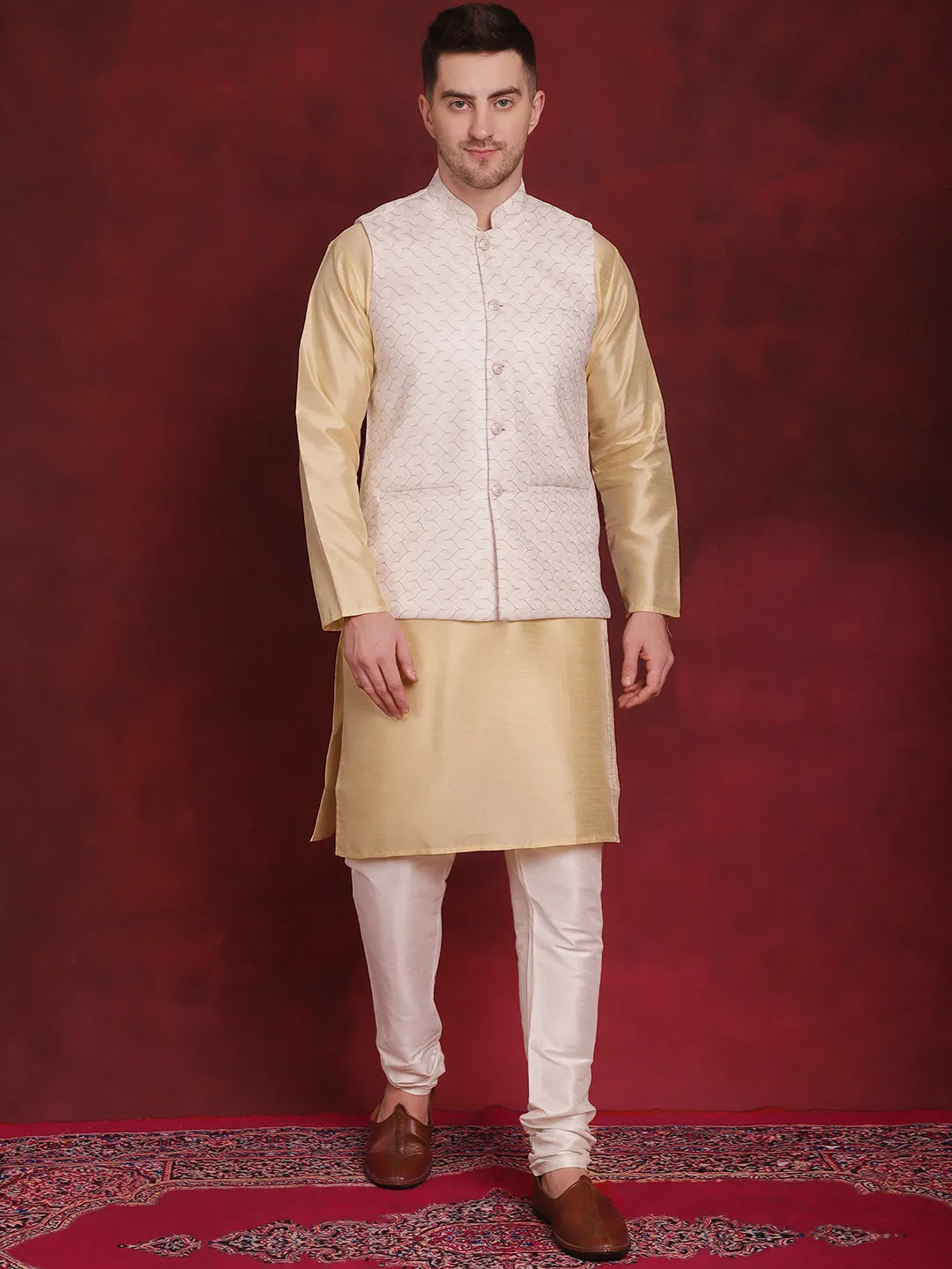 White Woven Design Nehru Jacket With Kurta Pyjama Set