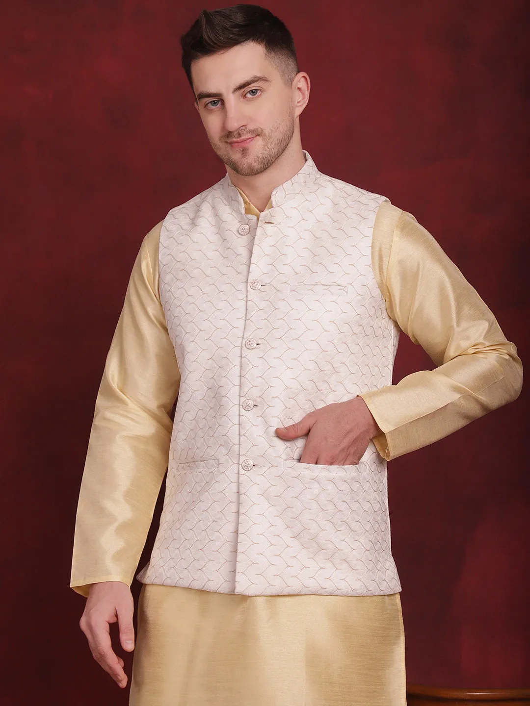 White Woven Design Nehru Jacket With Kurta Pyjama Set