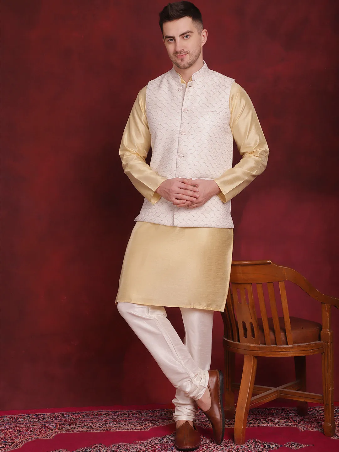 White Woven Design Nehru Jacket With Kurta Pyjama Set