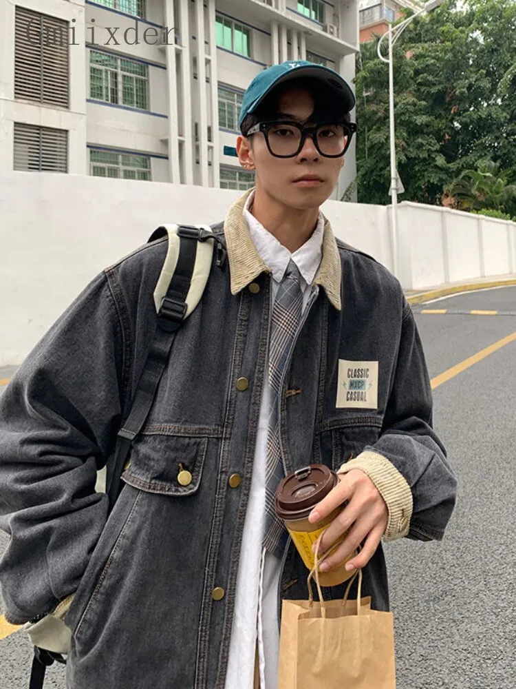 Wiaofellas Japan Retro Lapel Denim Jacket Cityboys Punk Loose Jacket Autumn Hong Kong Style Hip Hop Handsome Stitching Jeans Coat