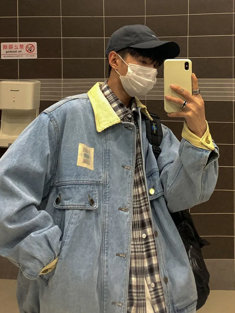 Wiaofellas Japan Retro Lapel Denim Jacket Cityboys Punk Loose Jacket Autumn Hong Kong Style Hip Hop Handsome Stitching Jeans Coat