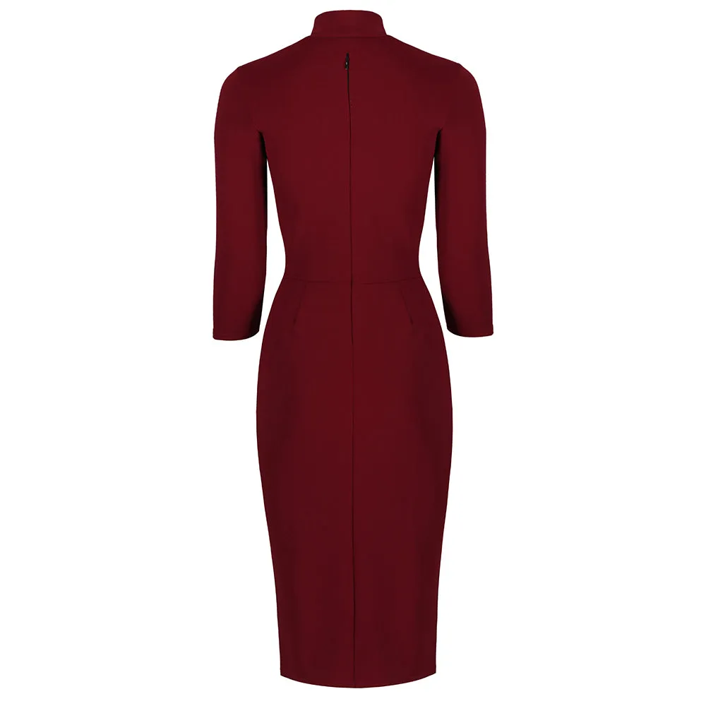 Wine Red 3/4 Sleeve Tie Neck Bodycon Pencil Dress