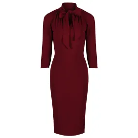 Wine Red 3/4 Sleeve Tie Neck Bodycon Pencil Dress