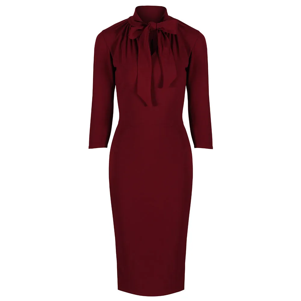 Wine Red 3/4 Sleeve Tie Neck Bodycon Pencil Dress