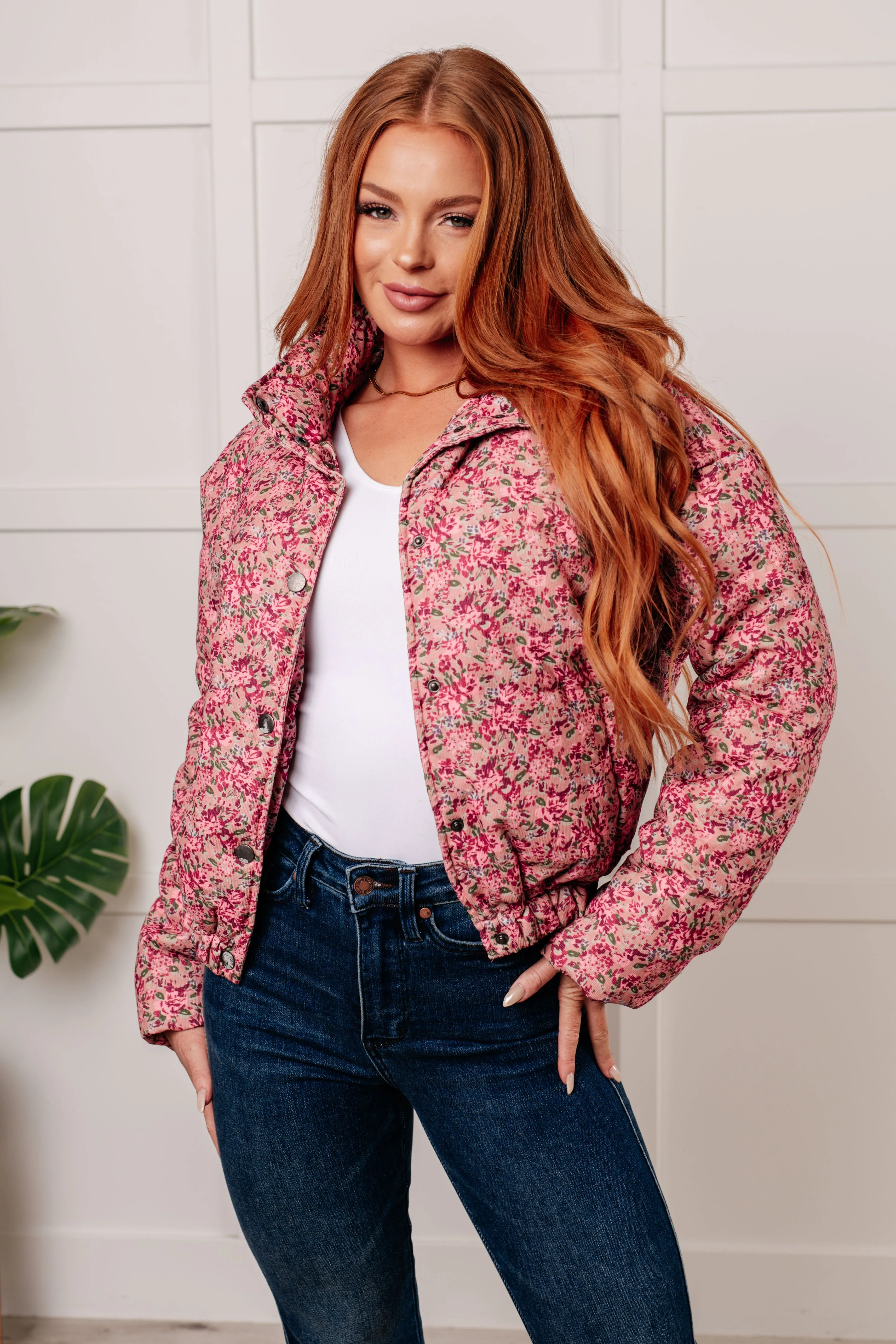 Wishful Thinking Floral Printed Puffer Jacket in Rose Multi