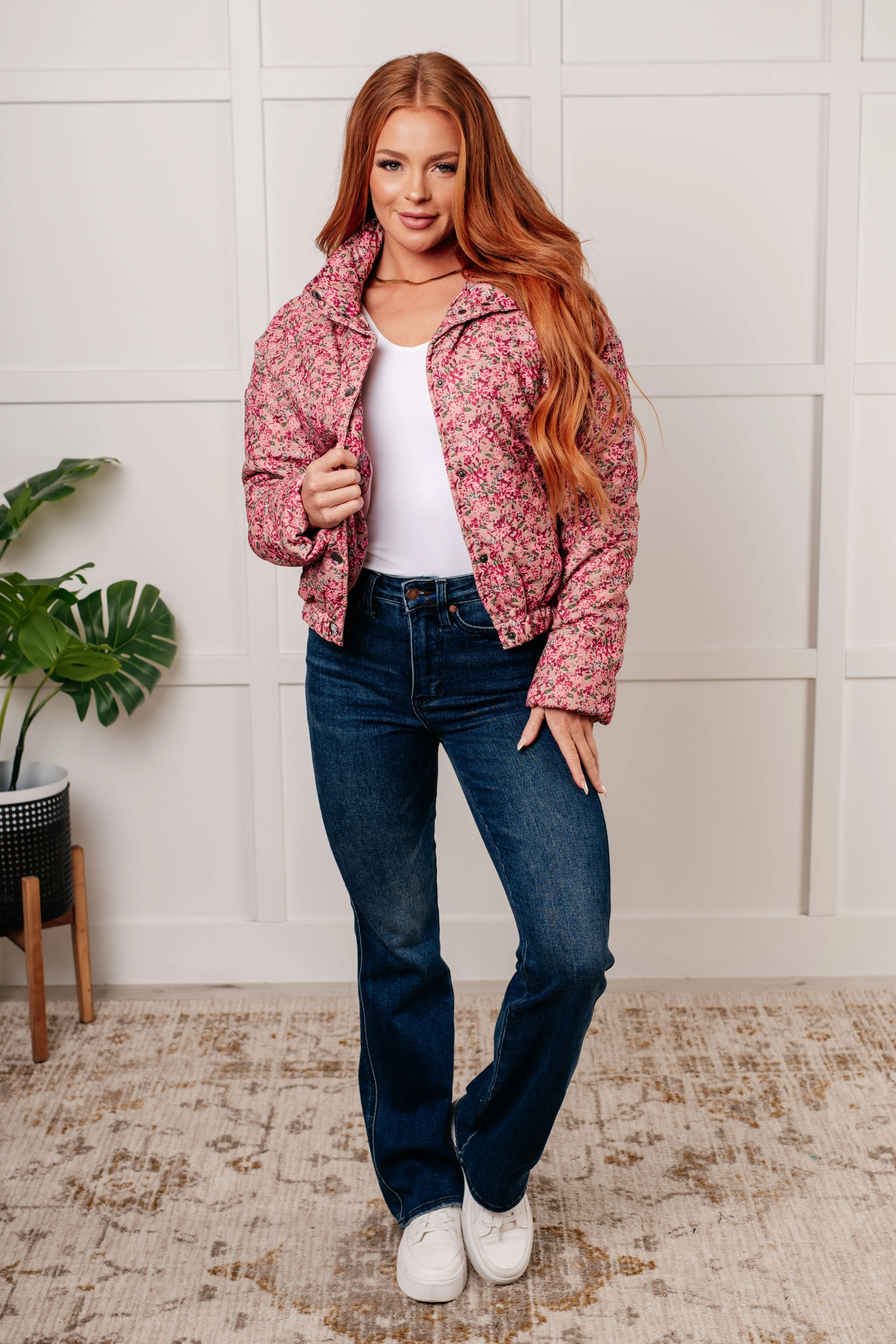 Wishful Thinking Floral Printed Puffer Jacket in Rose Multi