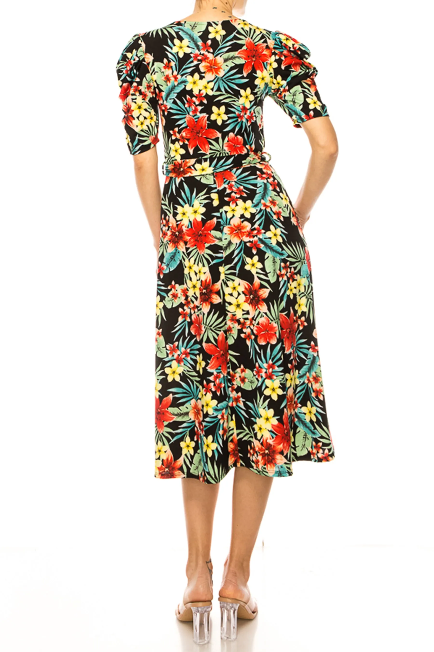 Women's Elegant Printed Midi Dress with Puff Sleeves and Sash Tie