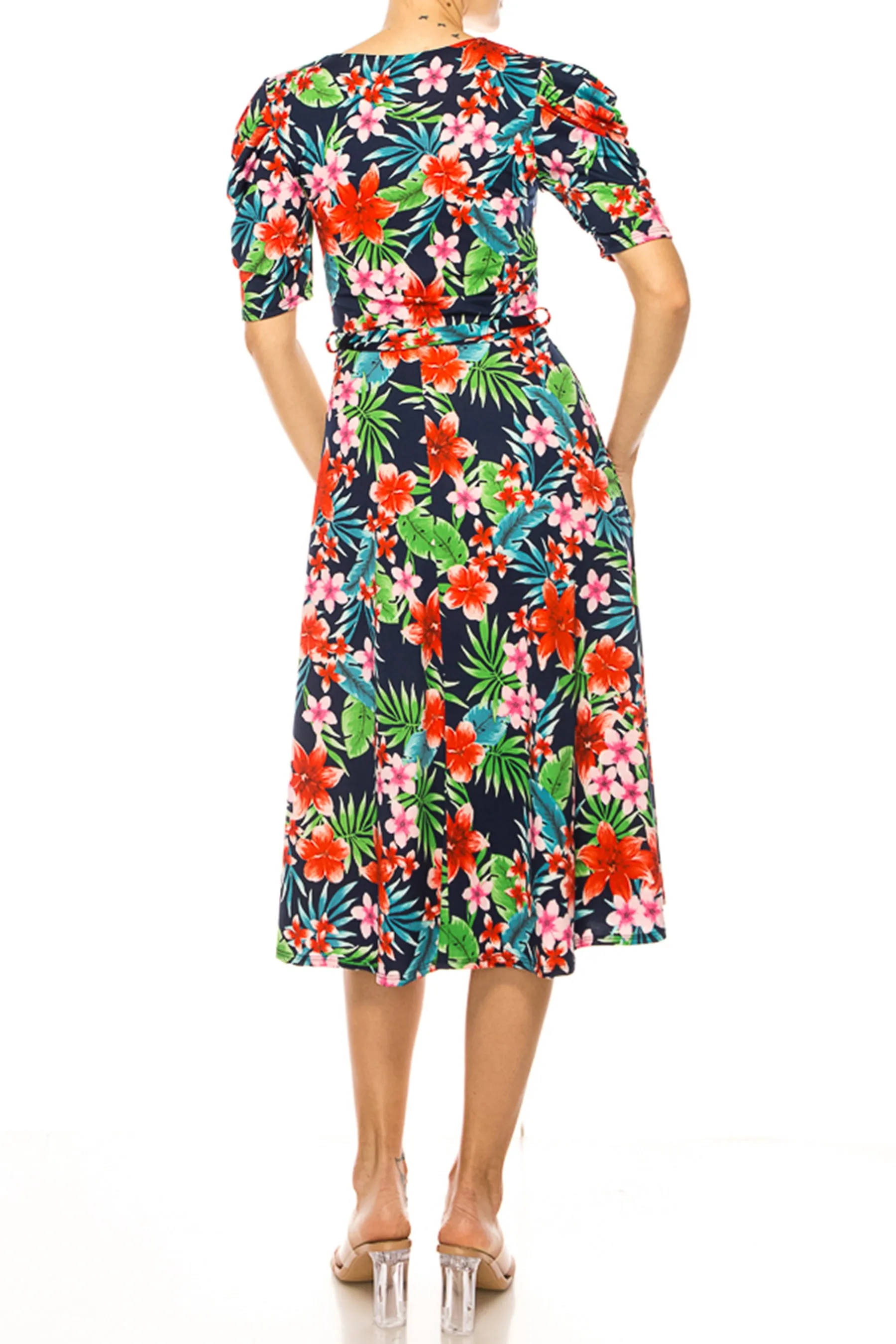 Women's Elegant Printed Midi Dress with Puff Sleeves and Sash Tie