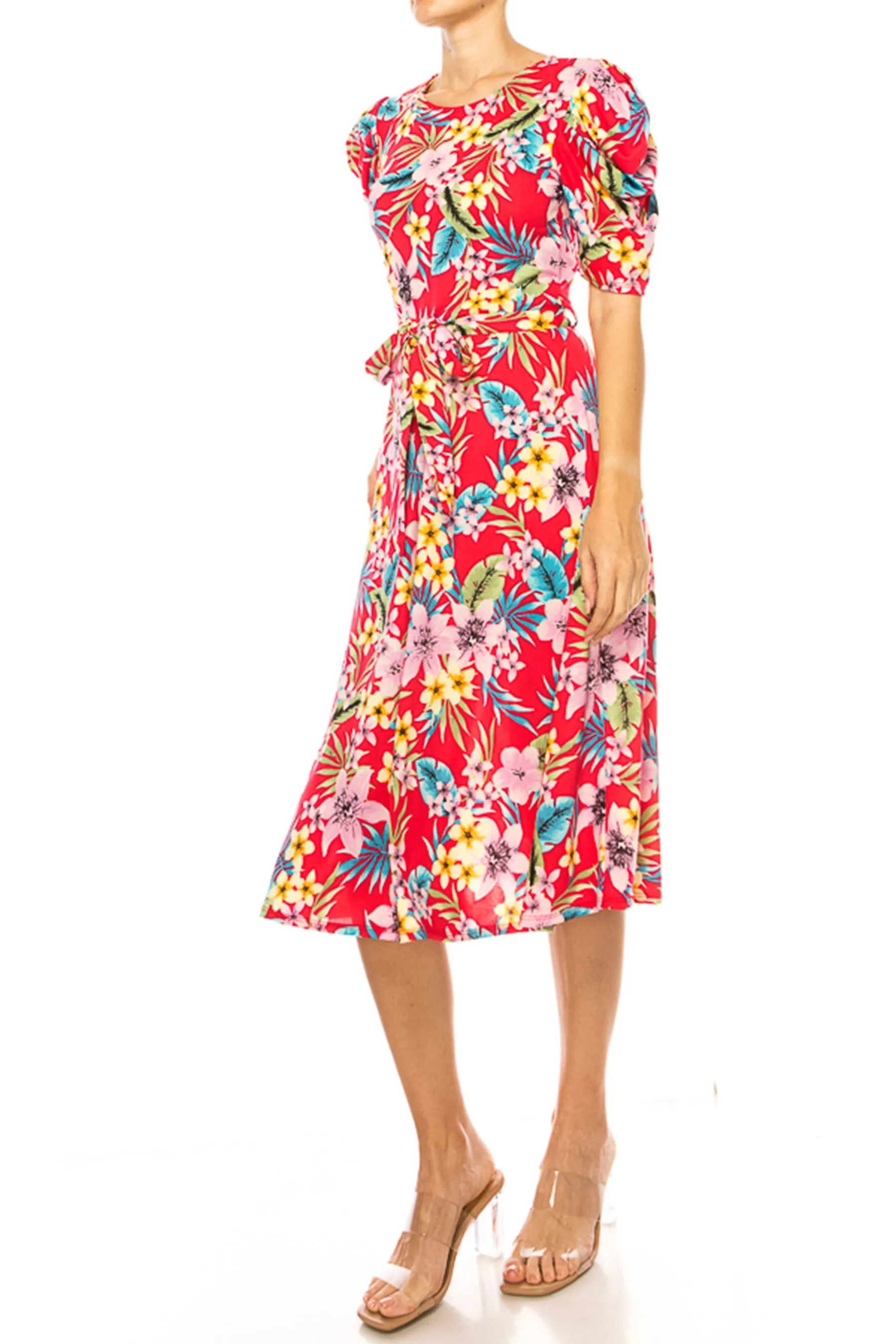 Women's Elegant Printed Midi Dress with Puff Sleeves and Sash Tie