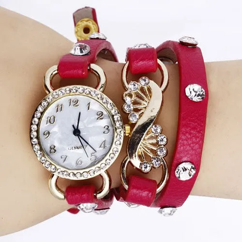 Women's Girl's Fashion Rhinestone Leather Band Bracelet Quartz Wrist Dress Watch