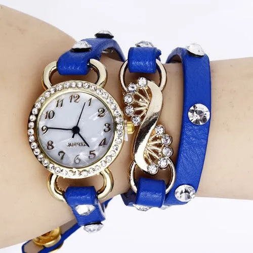 Women's Girl's Fashion Rhinestone Leather Band Bracelet Quartz Wrist Dress Watch